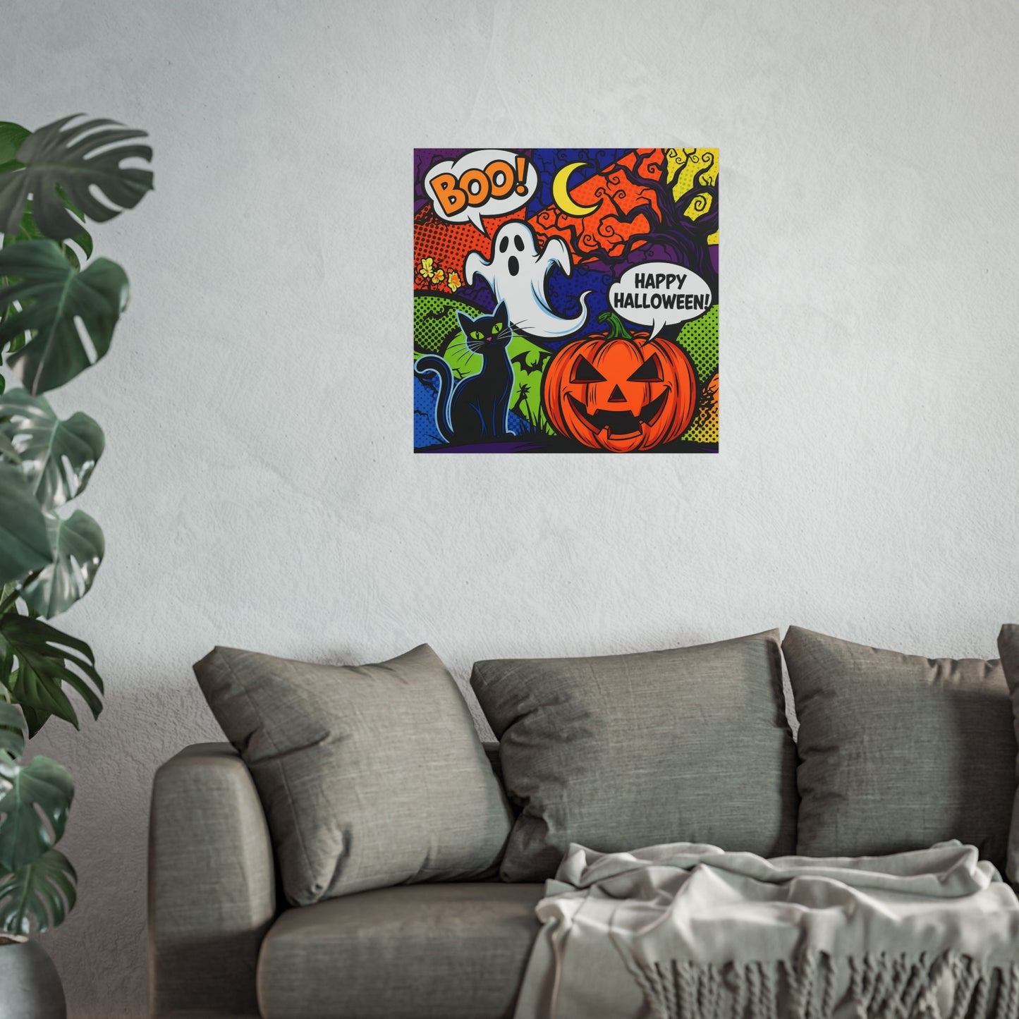 Halloween Pop Art Fine Art Print – Colorful Ghost, Black Cat & Pumpkin Wall Art Poster, Retro Comic Style Spooky Decor