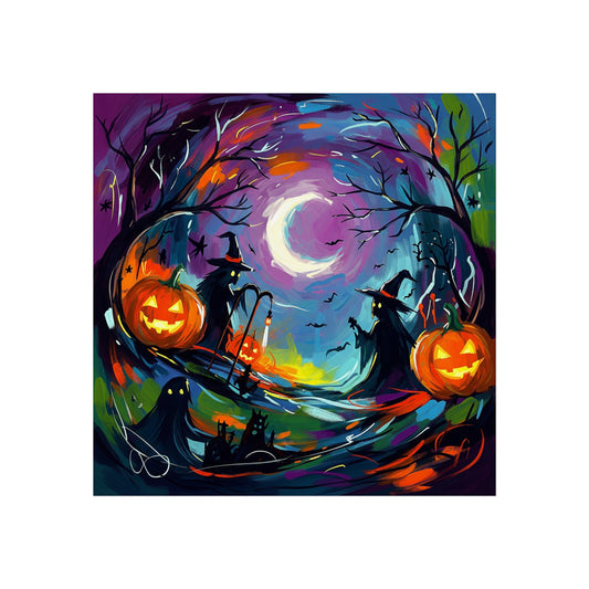 Halloween Abstract Fine Art Poster – Colorful Witch, Ghost & Pumpkin Wall Décor in Painterly Style