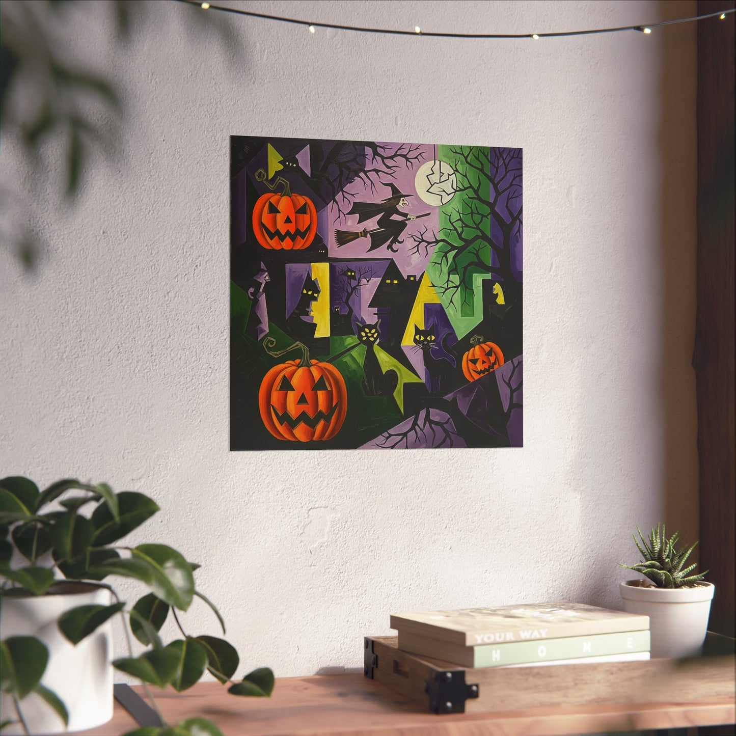 Halloween Cubist Fine Art Print – Witch, Black Cats & Pumpkins Abstract Wall Art Poster, Spooky Autumn Gothic Decor