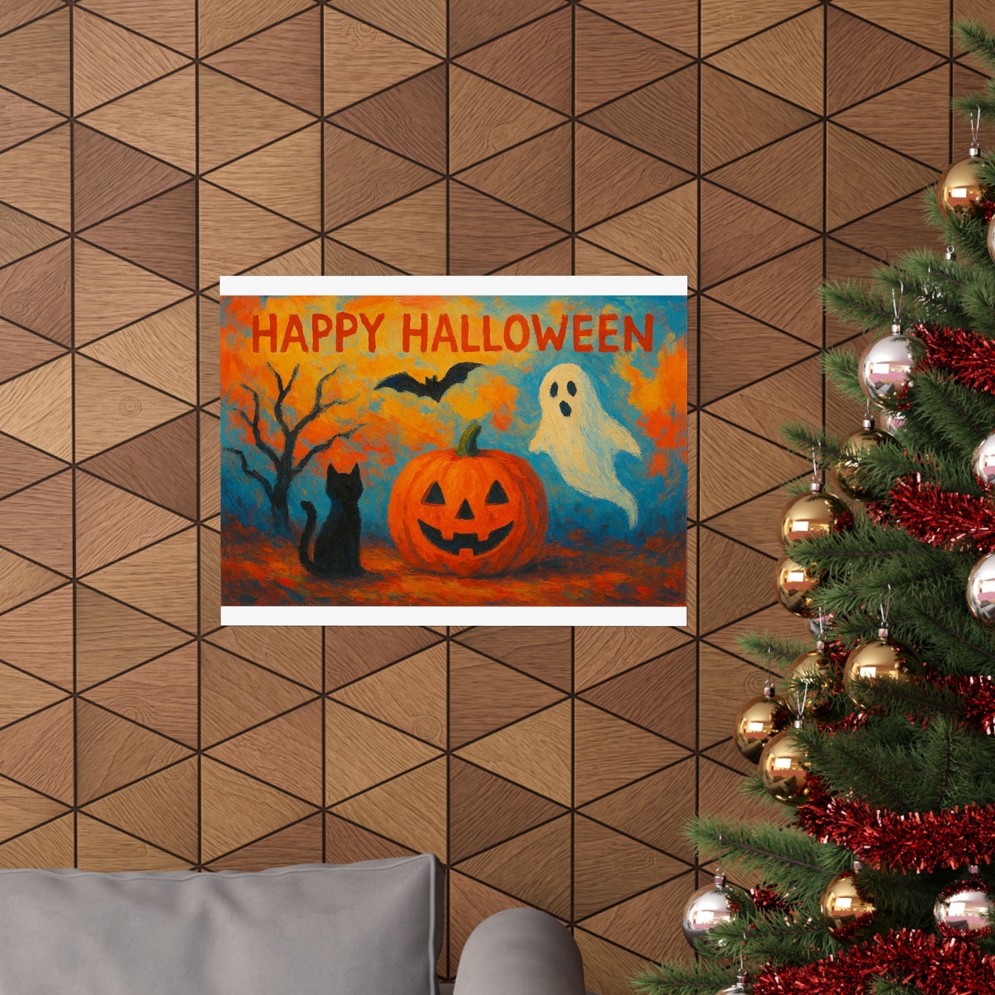 Happy Halloween Pumpkin, Bat, Ghost, & Black Cat Poster – Spooky Wall Art, Halloween Wall Art, Autumn Home Decor