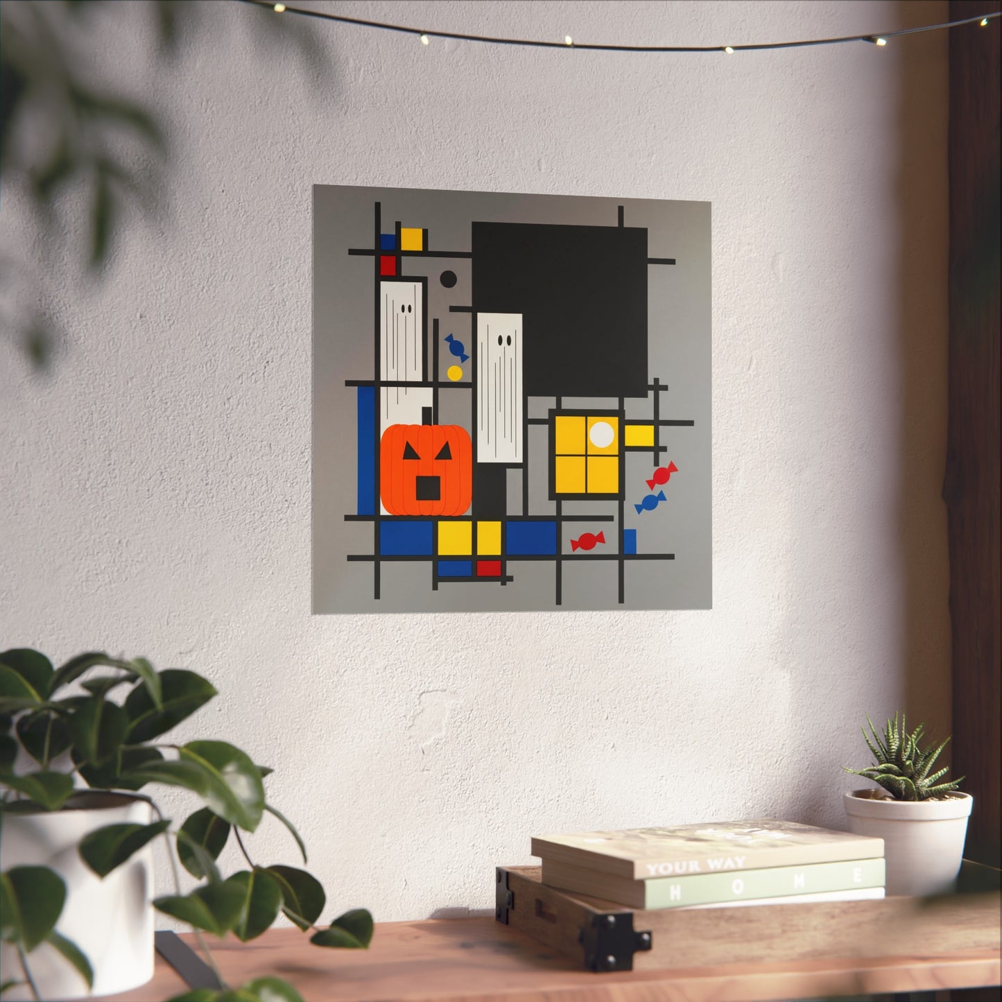 Modern Halloween Abstract Fine Art Print – Geometric Pumpkin, Ghosts & Candy Wall Art Poster, Mondrian Style Contemporary Decor