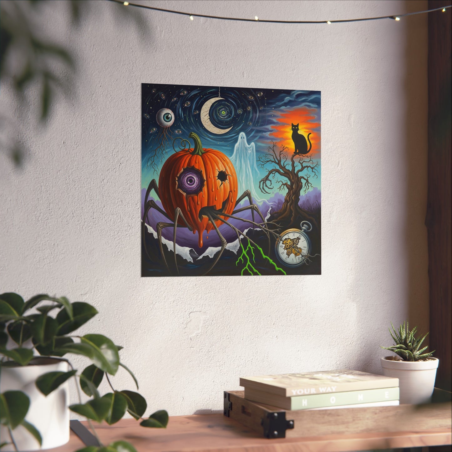 Surreal Halloween Fine Art Print – Spooky Pumpkin Spider, Ghost, Black Cat & Moon Wall Art Poster, Gothic Surrealism Decor
