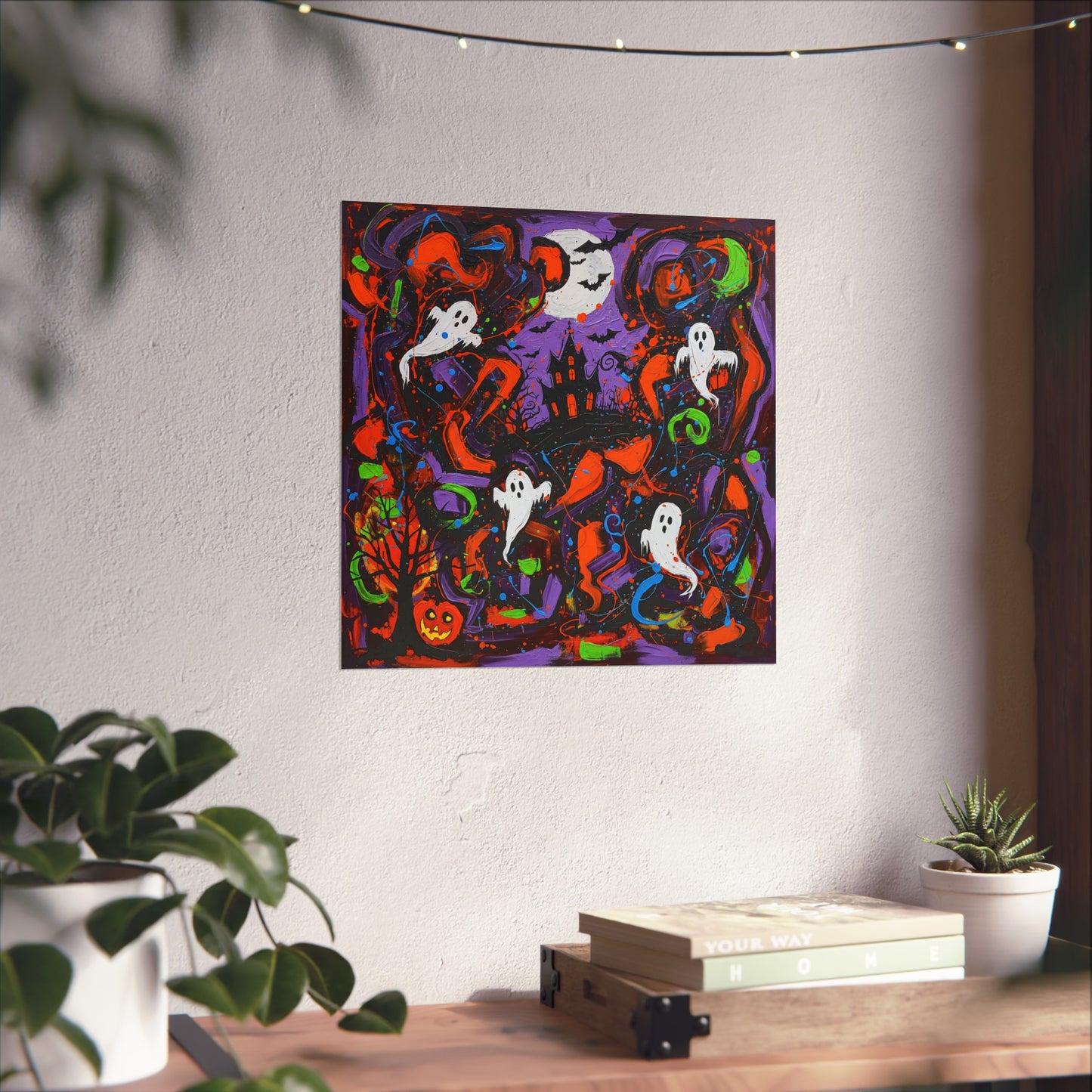 Halloween Ghost Abstract Expressionist Fine Art Print β Haunted House Wall Art Poster, Spooky Colorful Autumn Home Decor