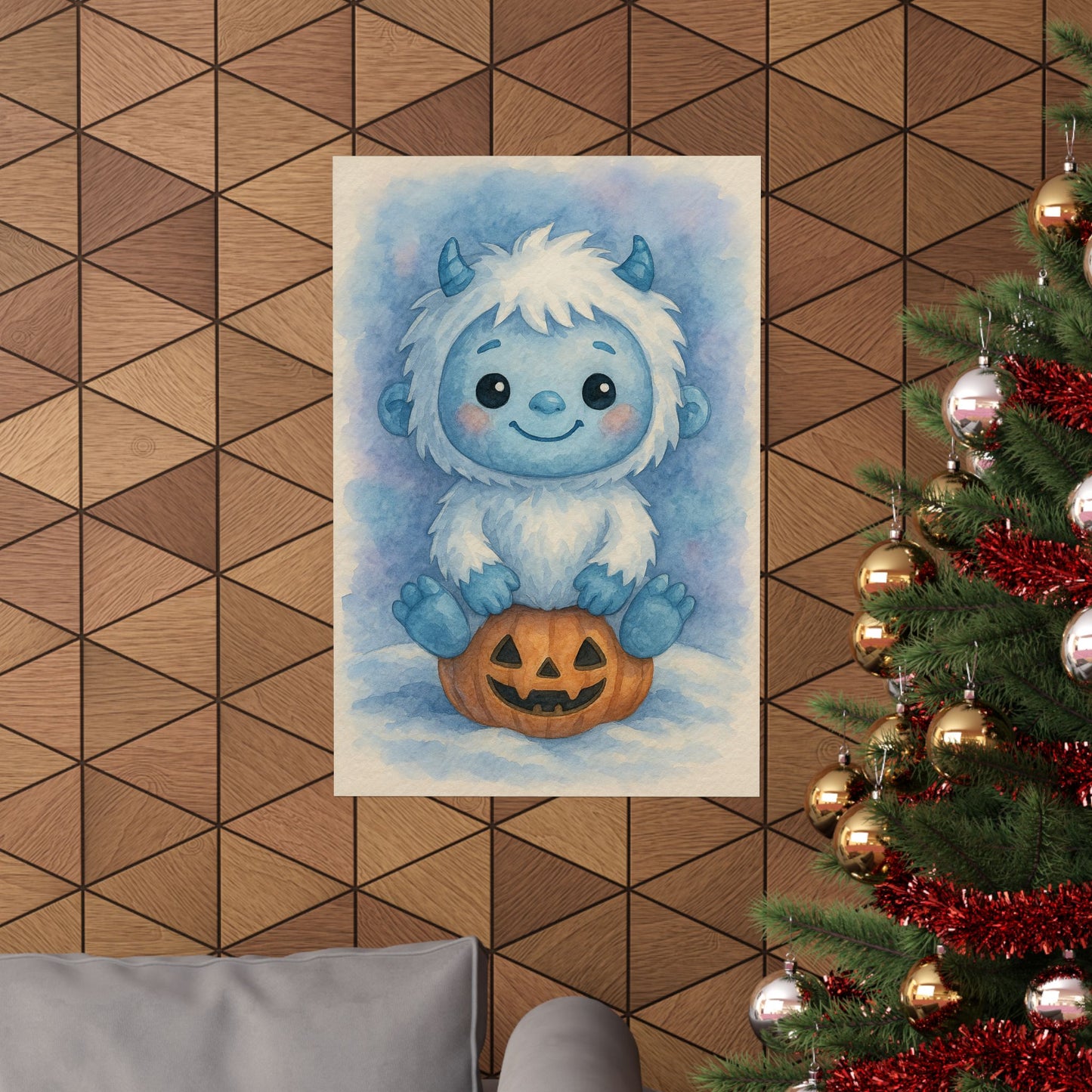 Cute Baby Yeti Halloween Wall Art Poster – Watercolor Monster Print on Pumpkin – Whimsical Nursery & Holiday Decor