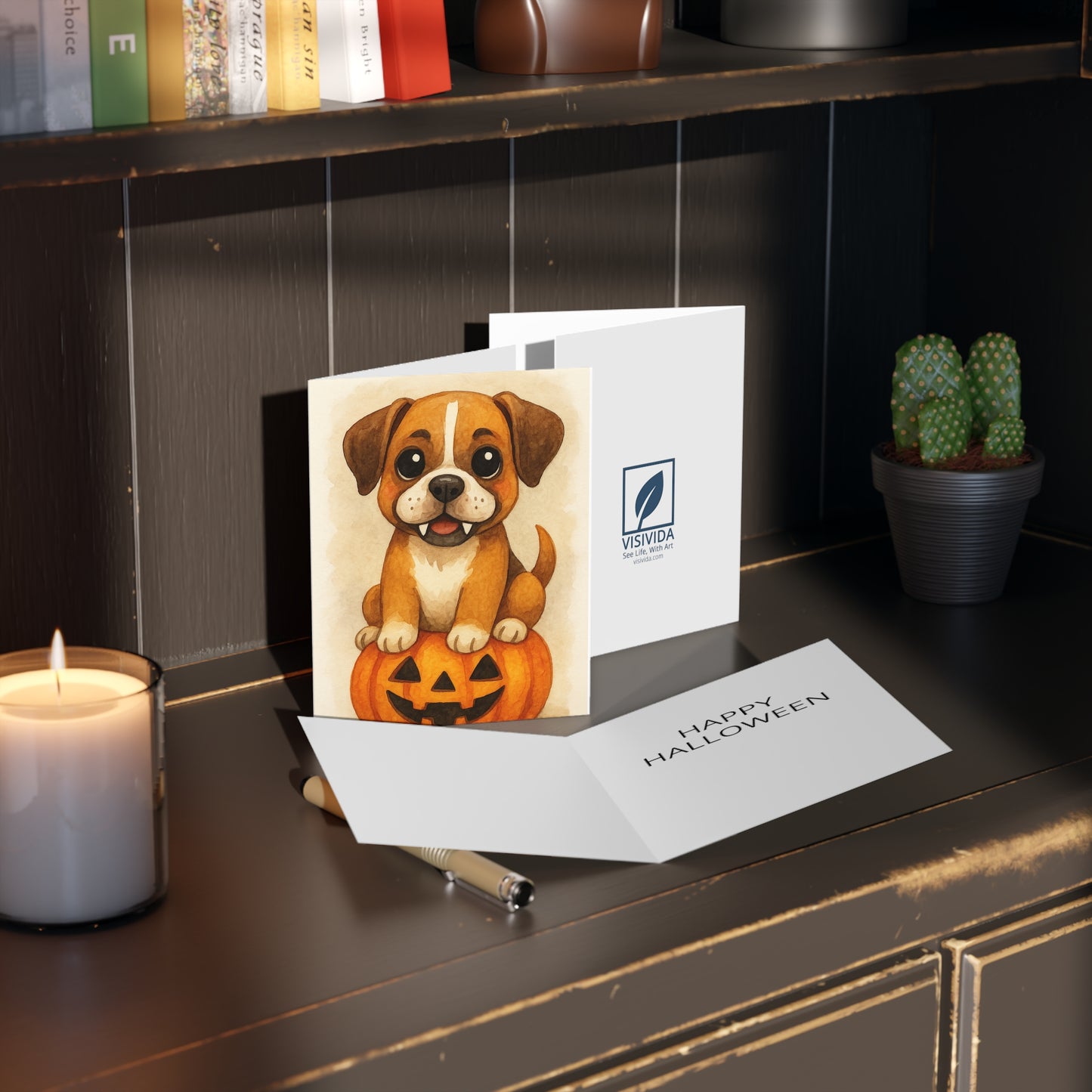 Halloween Boxer Puppy Greeting Card – Cute Puppy Monster on Pumpkin – Spooky Cute Monster Card for Dog Lovers