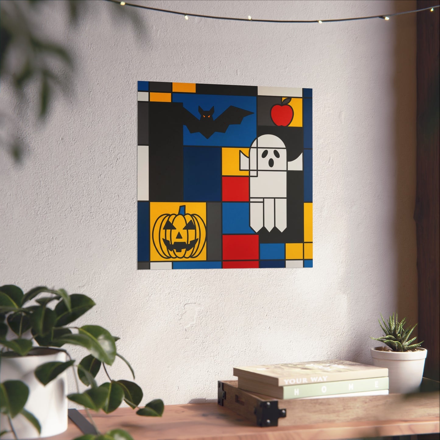 Modern Halloween Abstract Fine Art Print – Geometric Ghost, Bat & Pumpkin Wall Art Poster, Mondrian Style Contemporary Decor