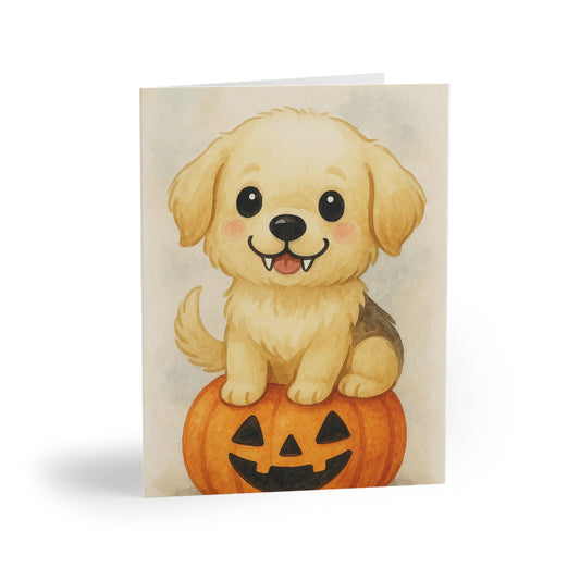 Halloween Golden Retriever Puppy Greeting Card – Cute Puppy Monster on Pumpkin – Spooky Cute Monster Card for Dog Lovers