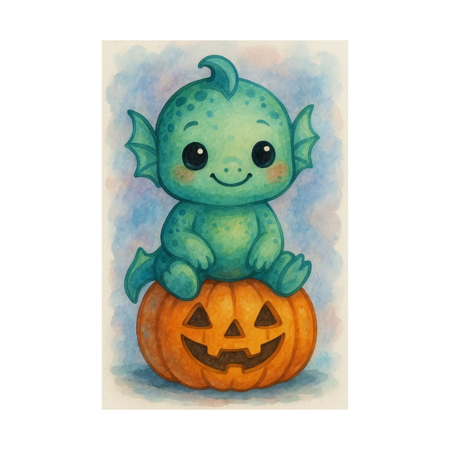 Cute Baby Sea Monster Halloween Wall Art Poster – Watercolor Monster Print on Pumpkin – Whimsical Nursery & Holiday Decor