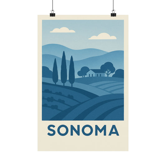 Sonoma Poster – Blue Tones - Retro Wine Country Wall Art, California Vineyard Landscape Print, Minimalist Travel Decor