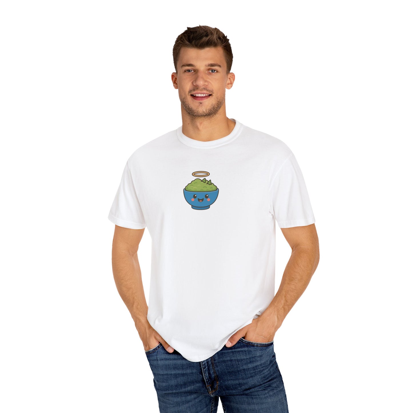 Man wearing a white t-shirt with a graphic design on a white background