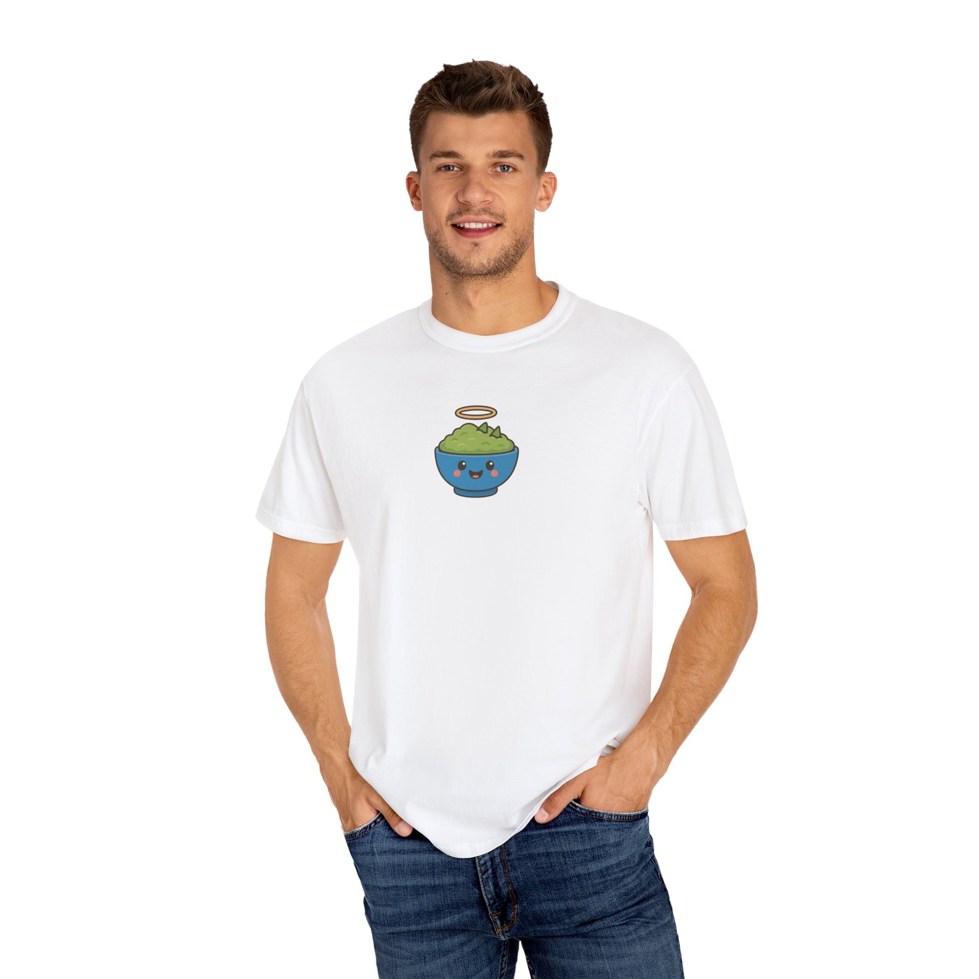 Man wearing a white t-shirt with a graphic design on a white background