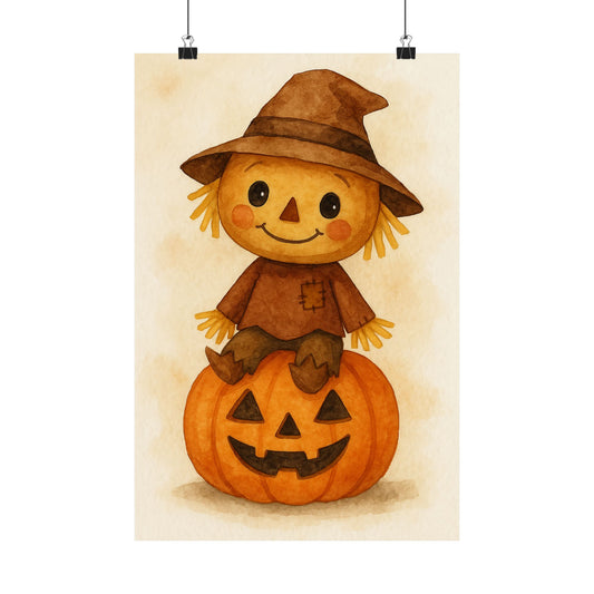 Cute Baby Scarecrow Halloween Wall Art Poster – Watercolor Monster Print on Pumpkin – Whimsical Nursery & Holiday Decor