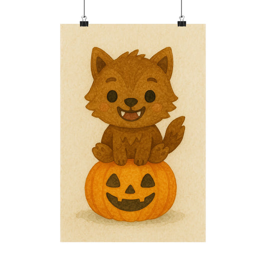 Cute Baby Werewolf Halloween Wall Art Poster – Watercolor Monster Print on Pumpkin – Whimsical Nursery & Holiday Decor