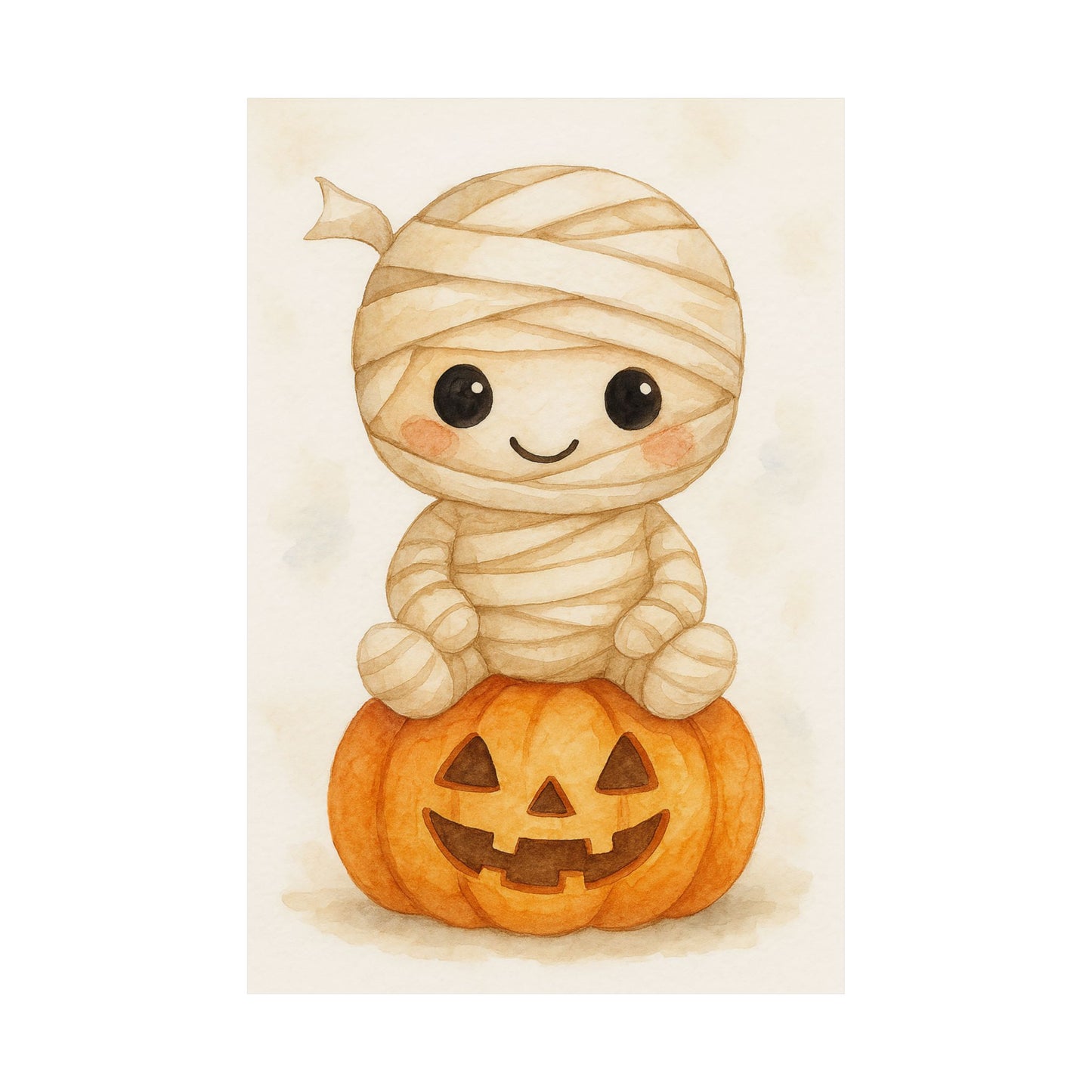 Cute Baby Mummy Monster Halloween Wall Art Poster – Watercolor Monster Print on Pumpkin – Whimsical Nursery & Holiday Decor