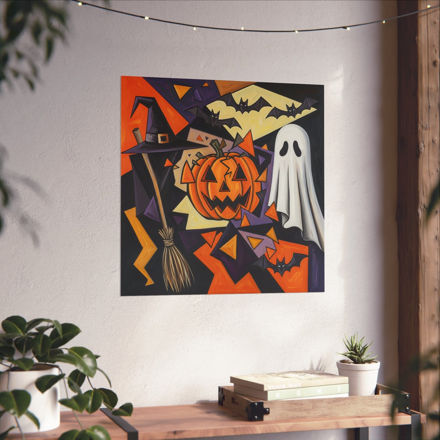 Cubist Halloween Fine Art Poster – Abstract Jack-O’-Lantern, Ghost & Witch Hat Wall Décor