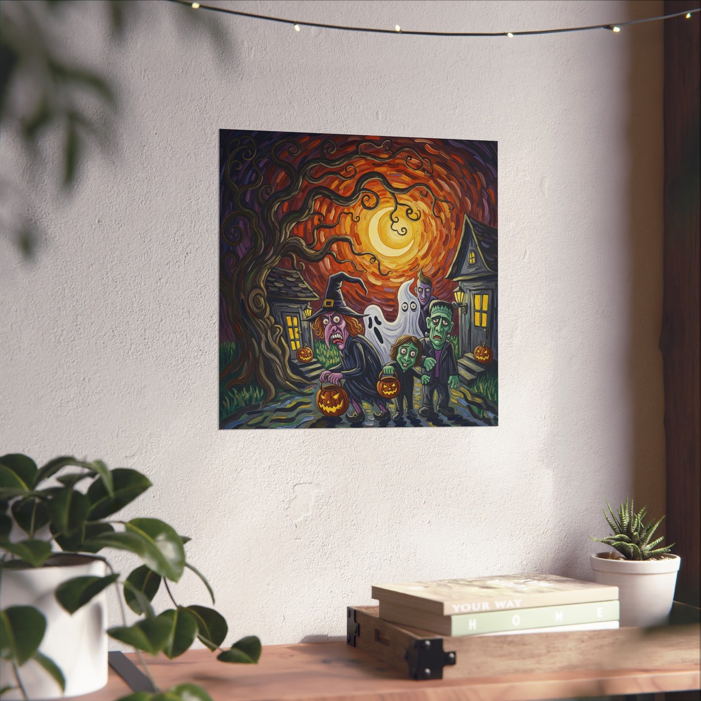 Halloween Monsters Fine Art Print – Post-Impressionist Wall Art Poster with Witch, Ghost, Frankenstein & Spooky Night Scene