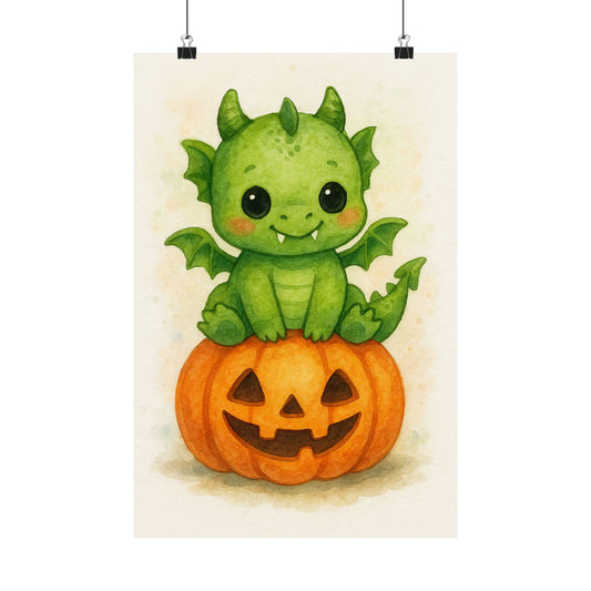 Cute Baby Dragon Monster Halloween Wall Art Poster – Watercolor Monster Print on Pumpkin – Whimsical Nursery & Holiday Decor