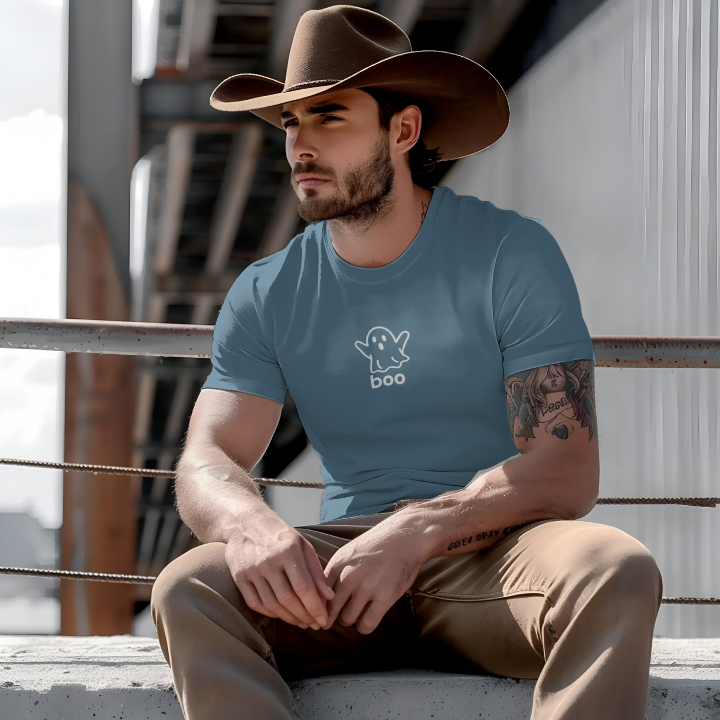 Man wearing a blue t-shirt with a graphic design and a cowboy hat, sitting on a metal railing.