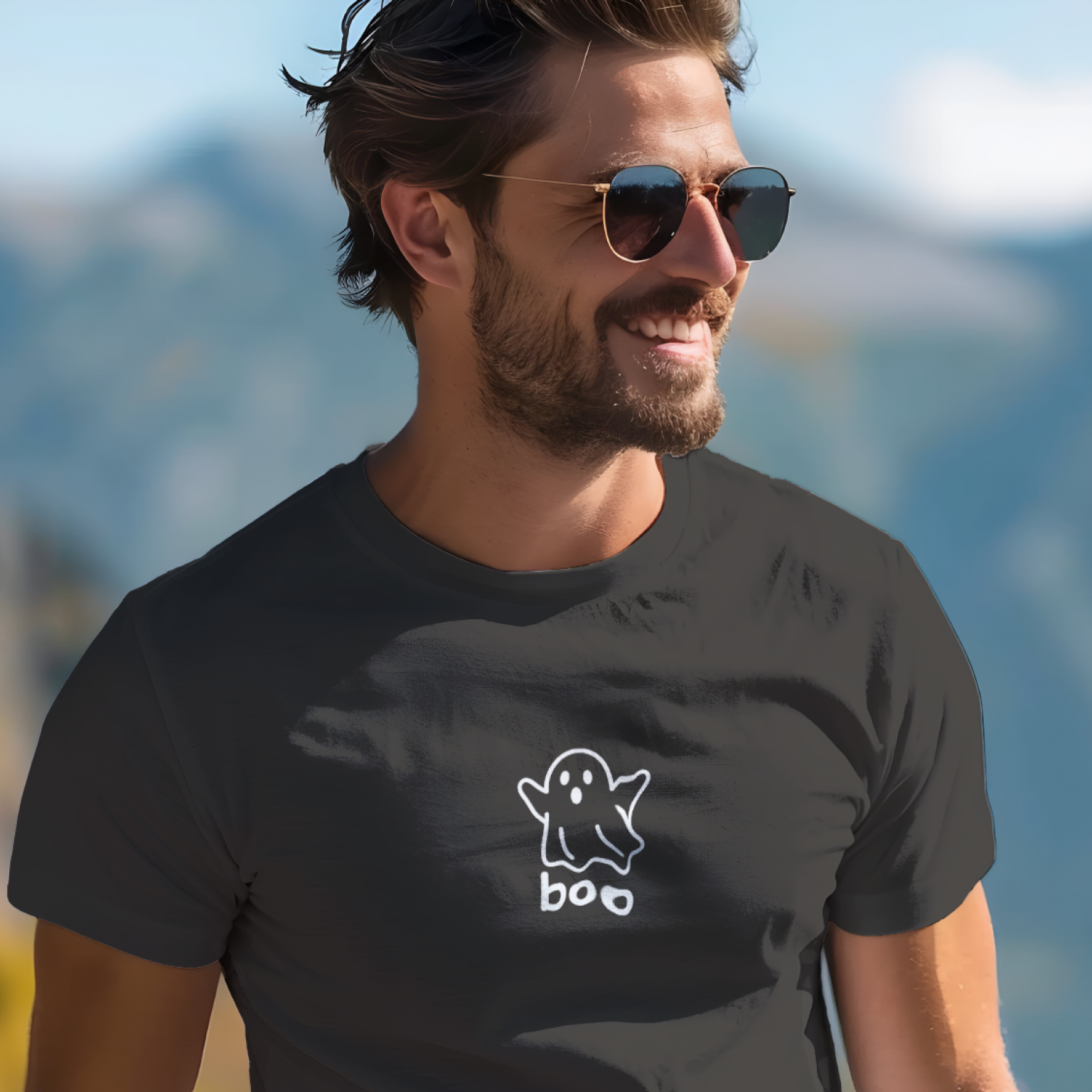 Man wearing a black t-shirt with a ghost graphic and 'boo' text, outdoors with mountains in the background.