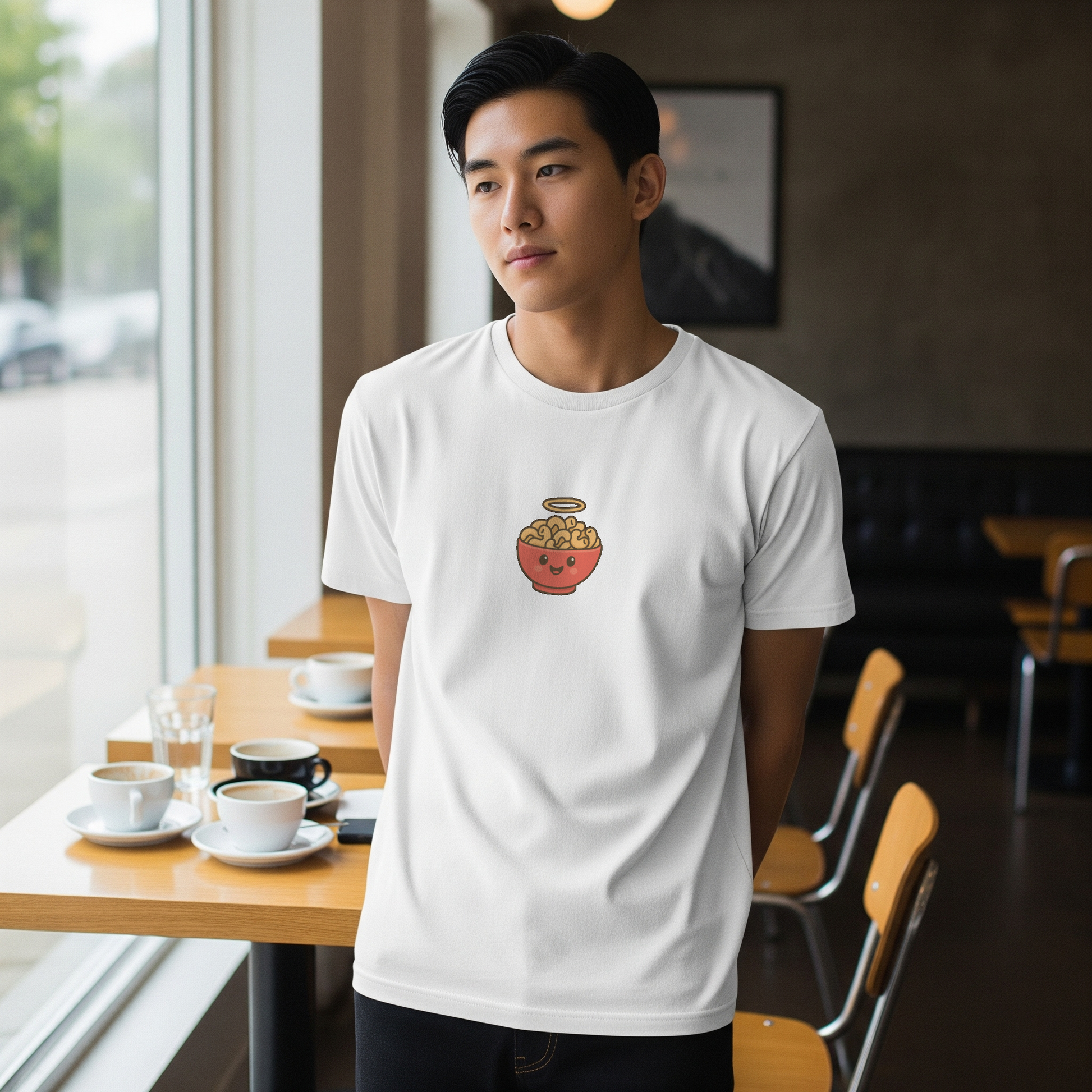 Person wearing a white t-shirt with a bowl design in a cafe setting