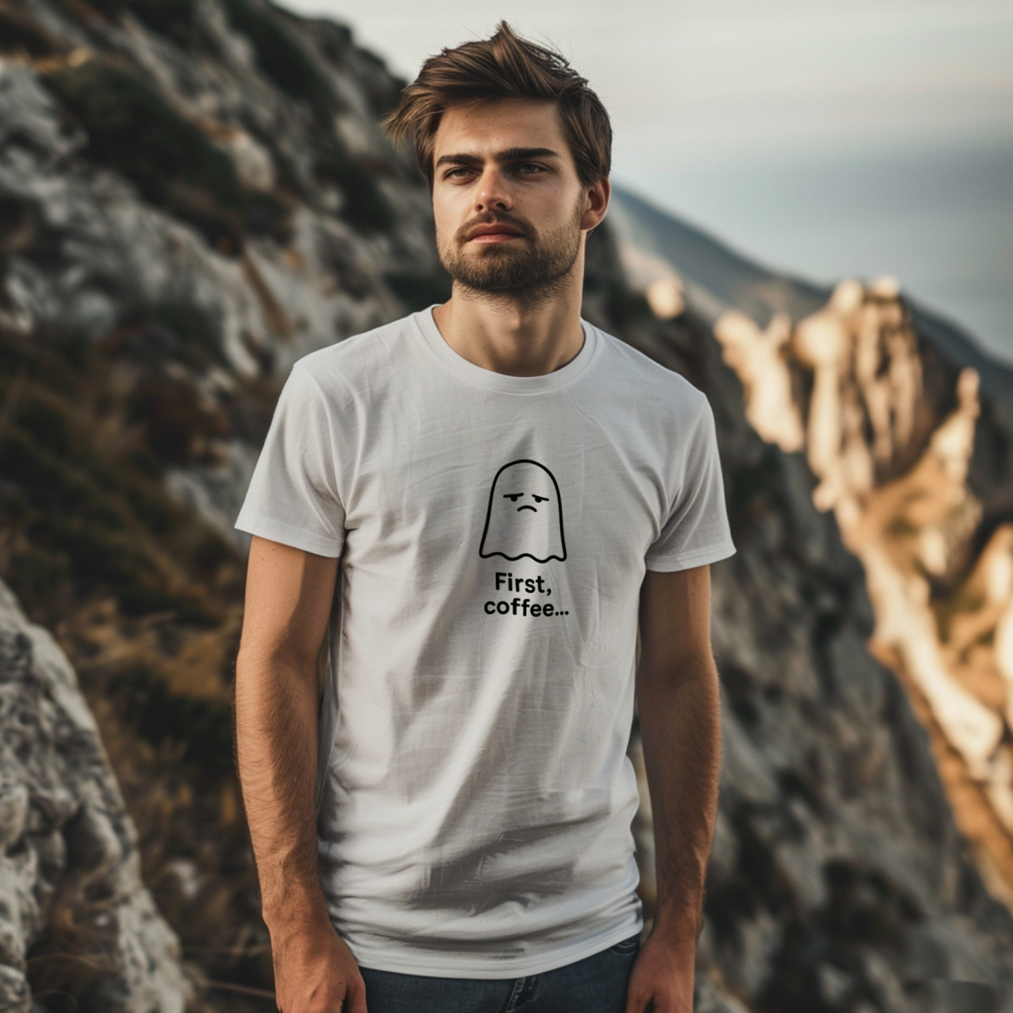Man wearing a white t-shirt with a graphic and text, standing against a mountainous background.