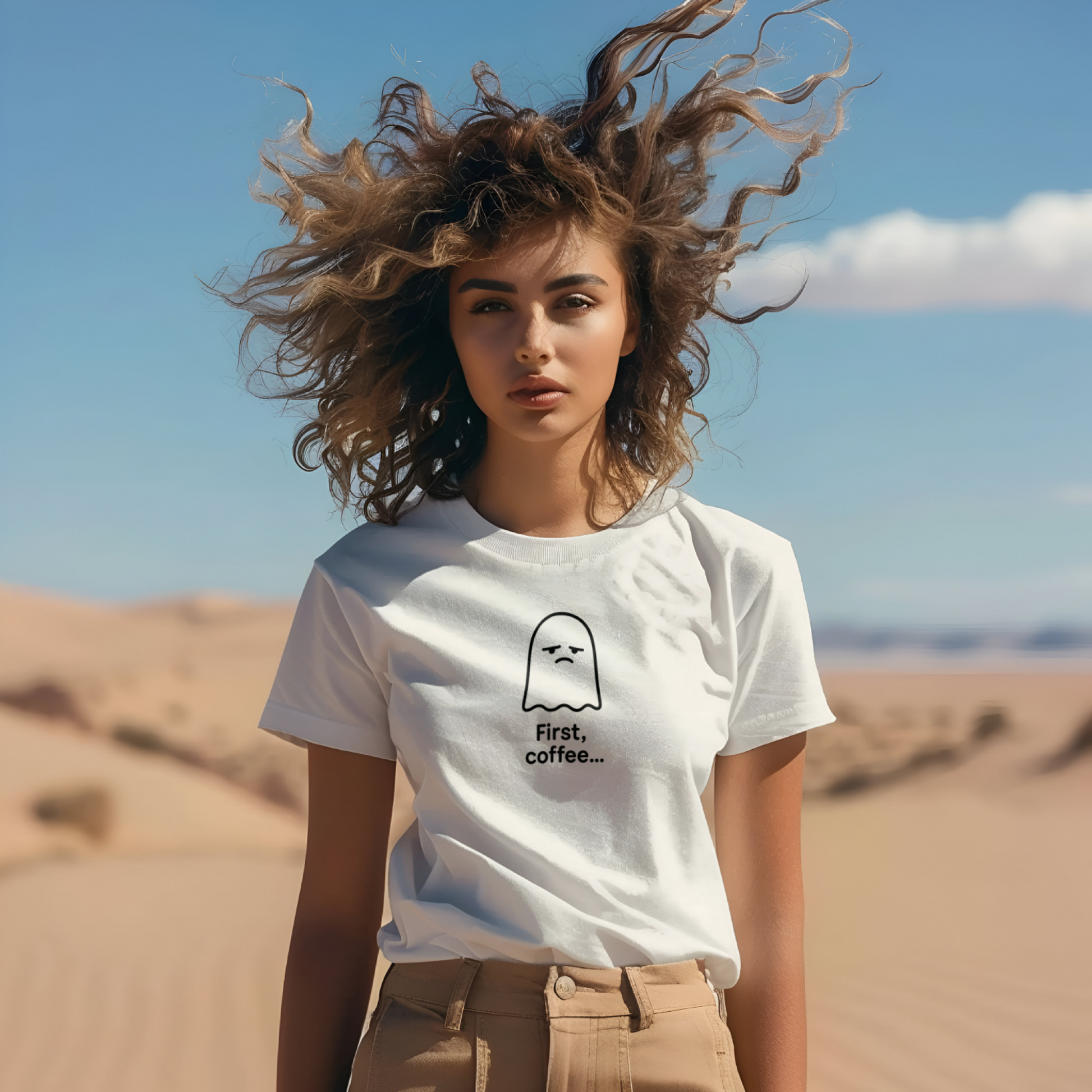 Woman wearing a white t-shirt with a graphic design in a desert setting