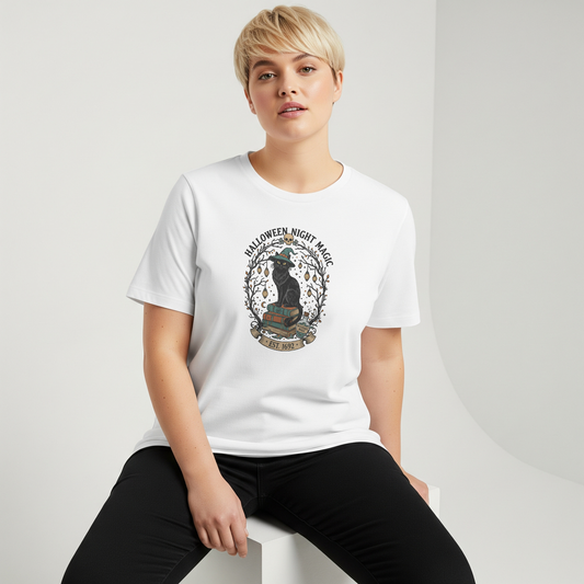 Person wearing a white t-shirt with a black cat graphic and text on a plain background