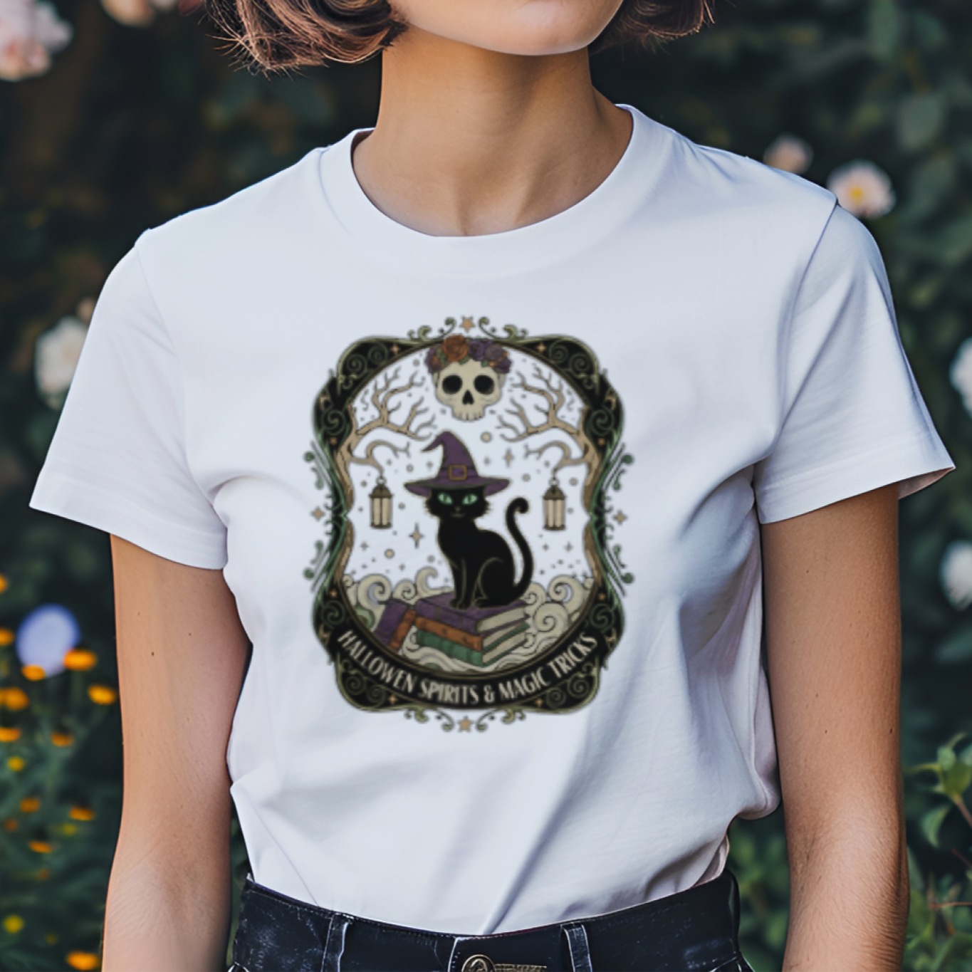 Person wearing a white t-shirt with a black cat and skull design, standing in a garden.