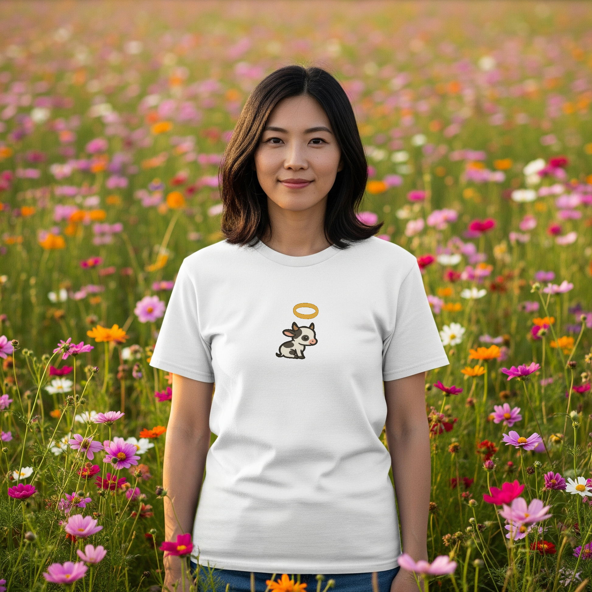 Woman wearing a white t-shirt with a holy cow graphic in a field of flowers