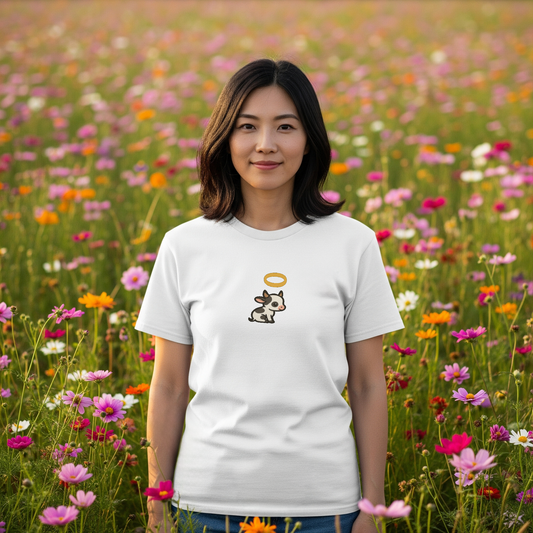 Woman wearing a white t-shirt with a holy cow graphic in a field of flowers