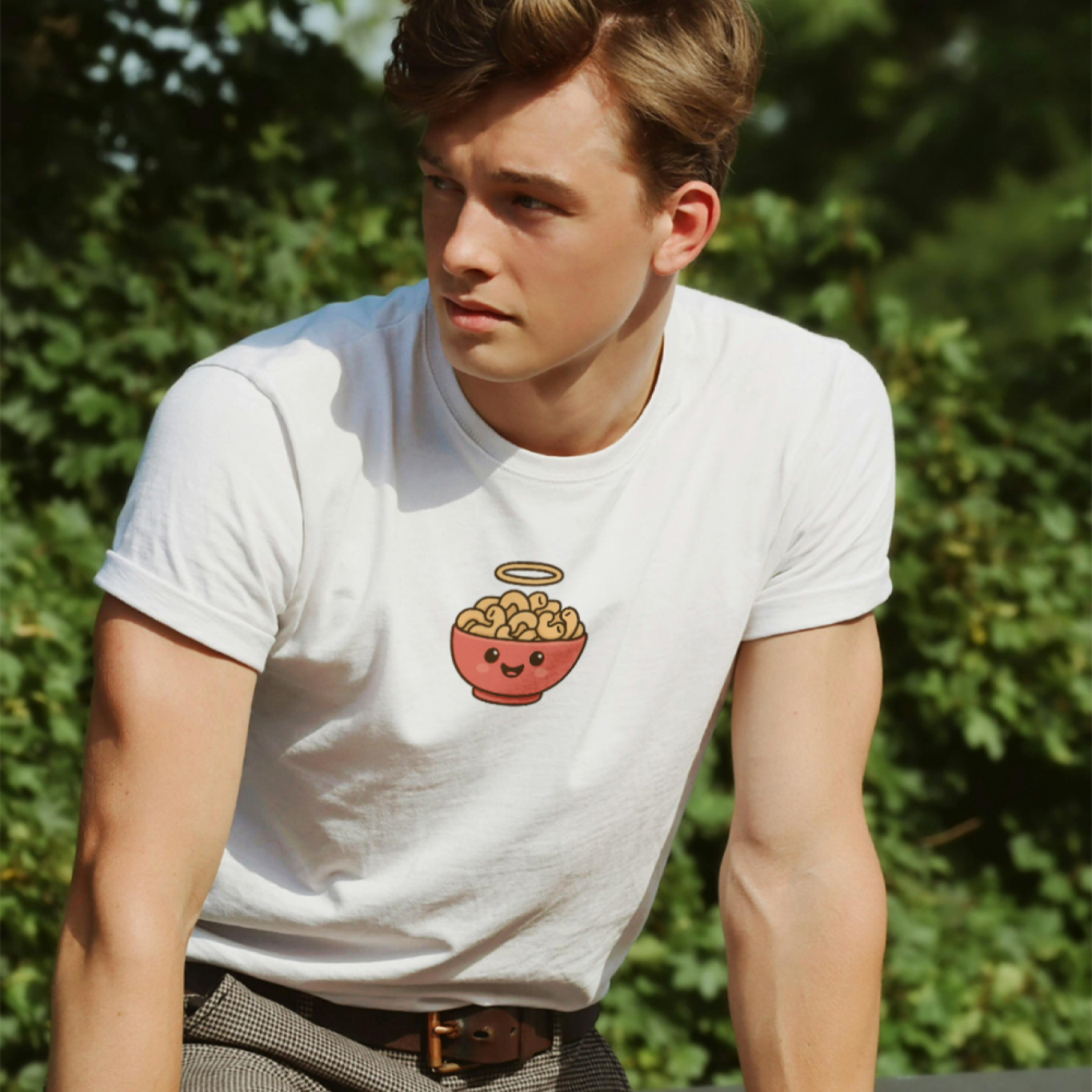 Person wearing a white t-shirt with a graphic design outdoors