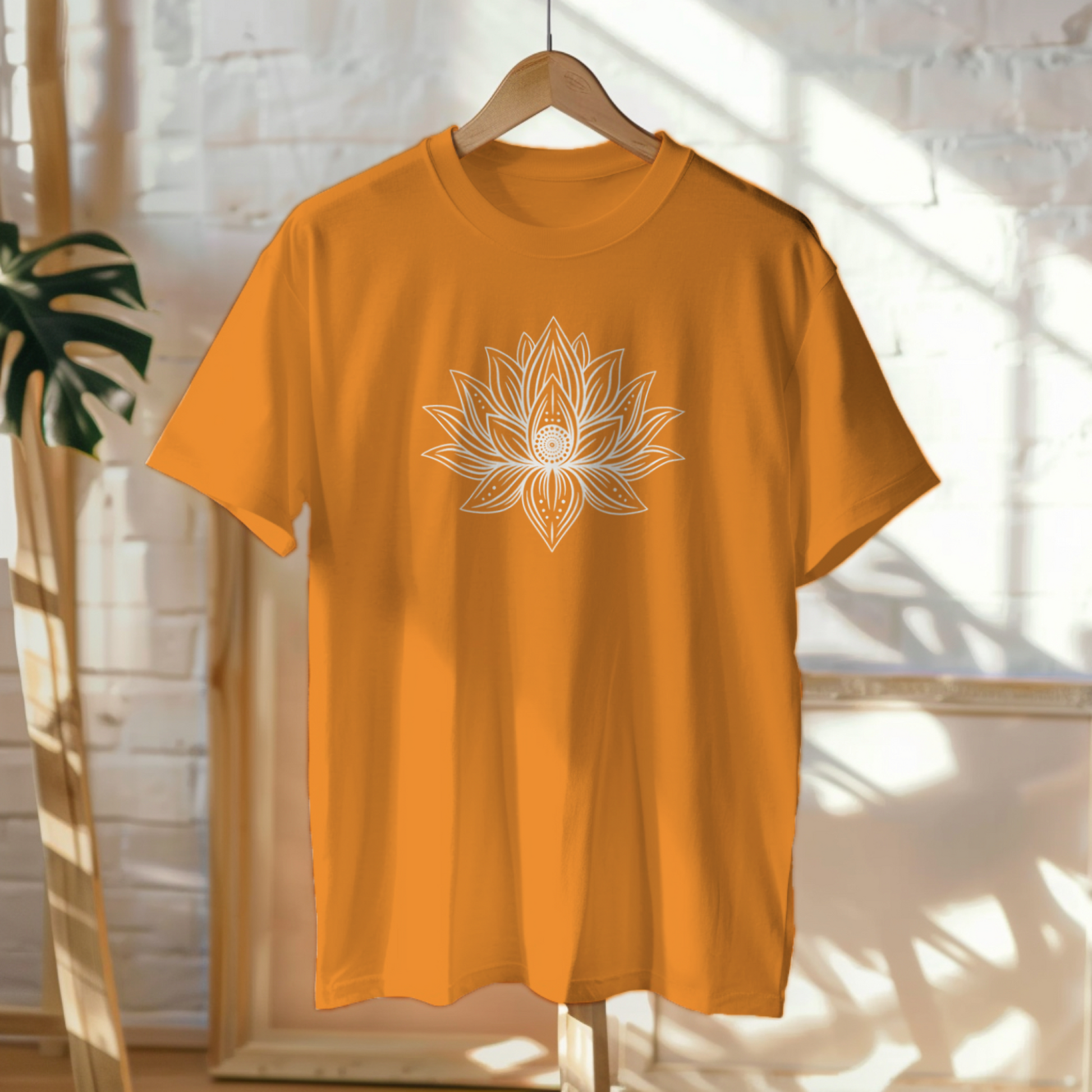 Orange t-shirt with a white lotus flower design on a hanger against a light background