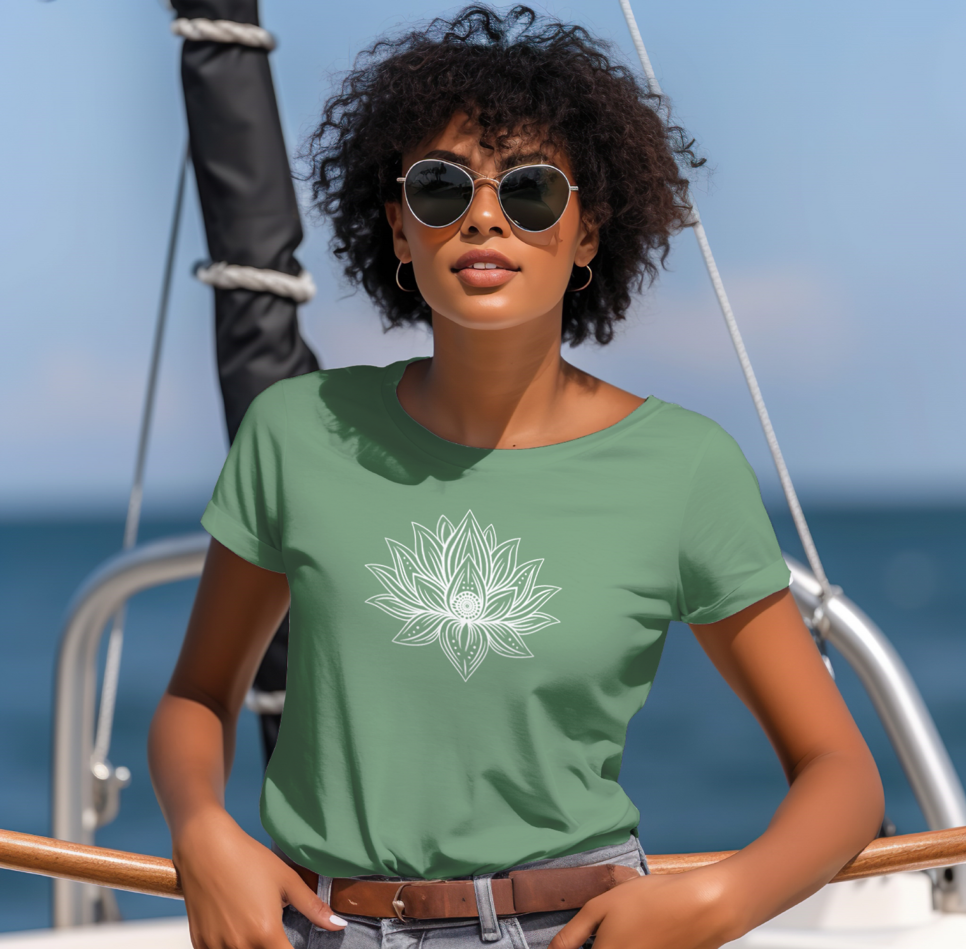Woman wearing a green t-shirt with a white lotus design on a boat