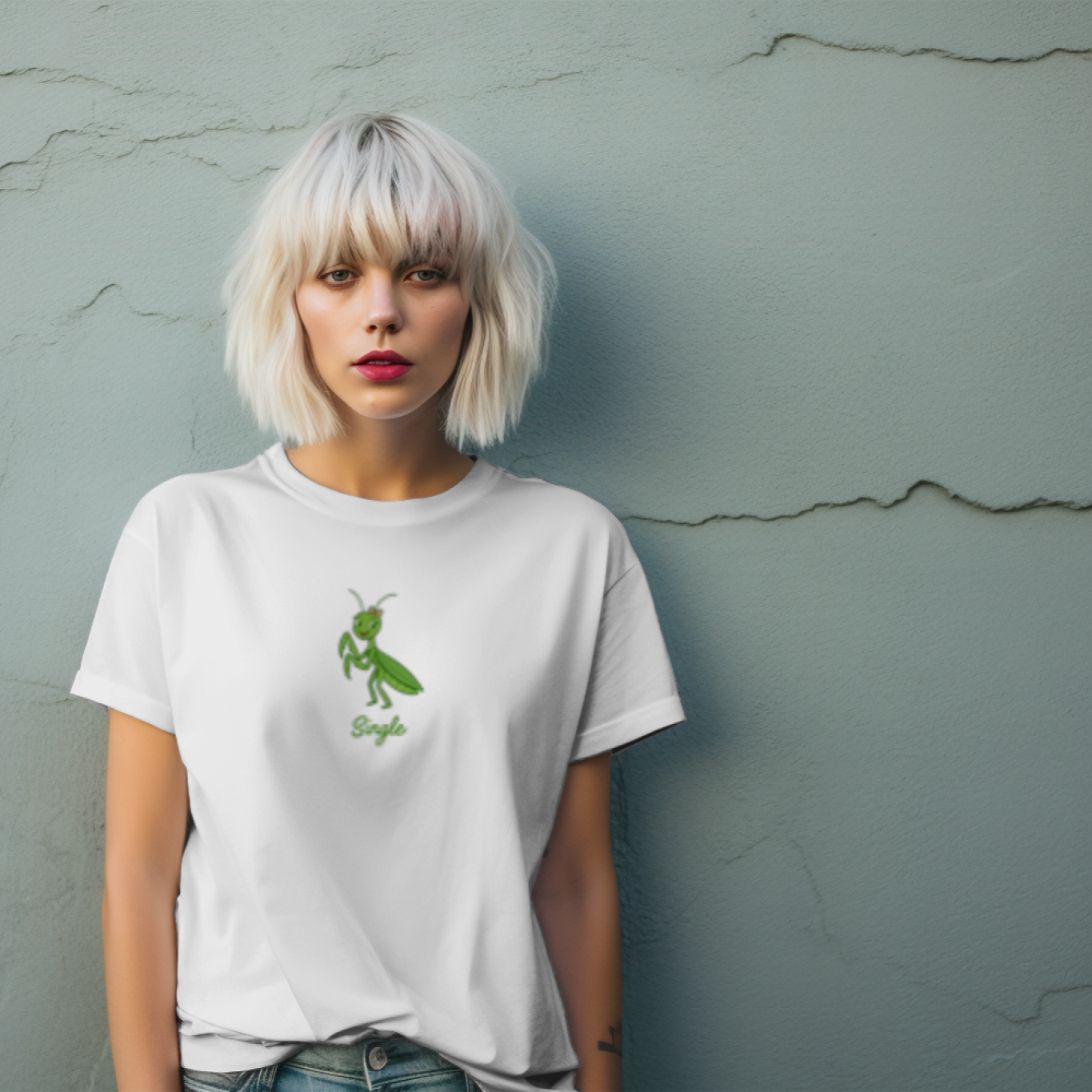 Person wearing a white t-shirt with a green graphic against a textured gray wall
