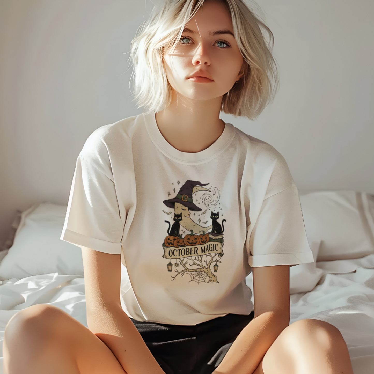 Person wearing a white t-shirt with a graphic design sitting on a bed.