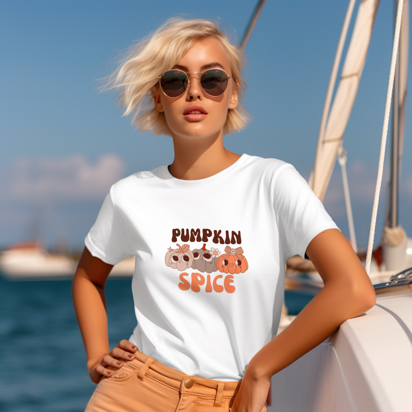 Woman on a sailboat wearing a 'Pumpkin Spice' t-shirt with pumpkins.