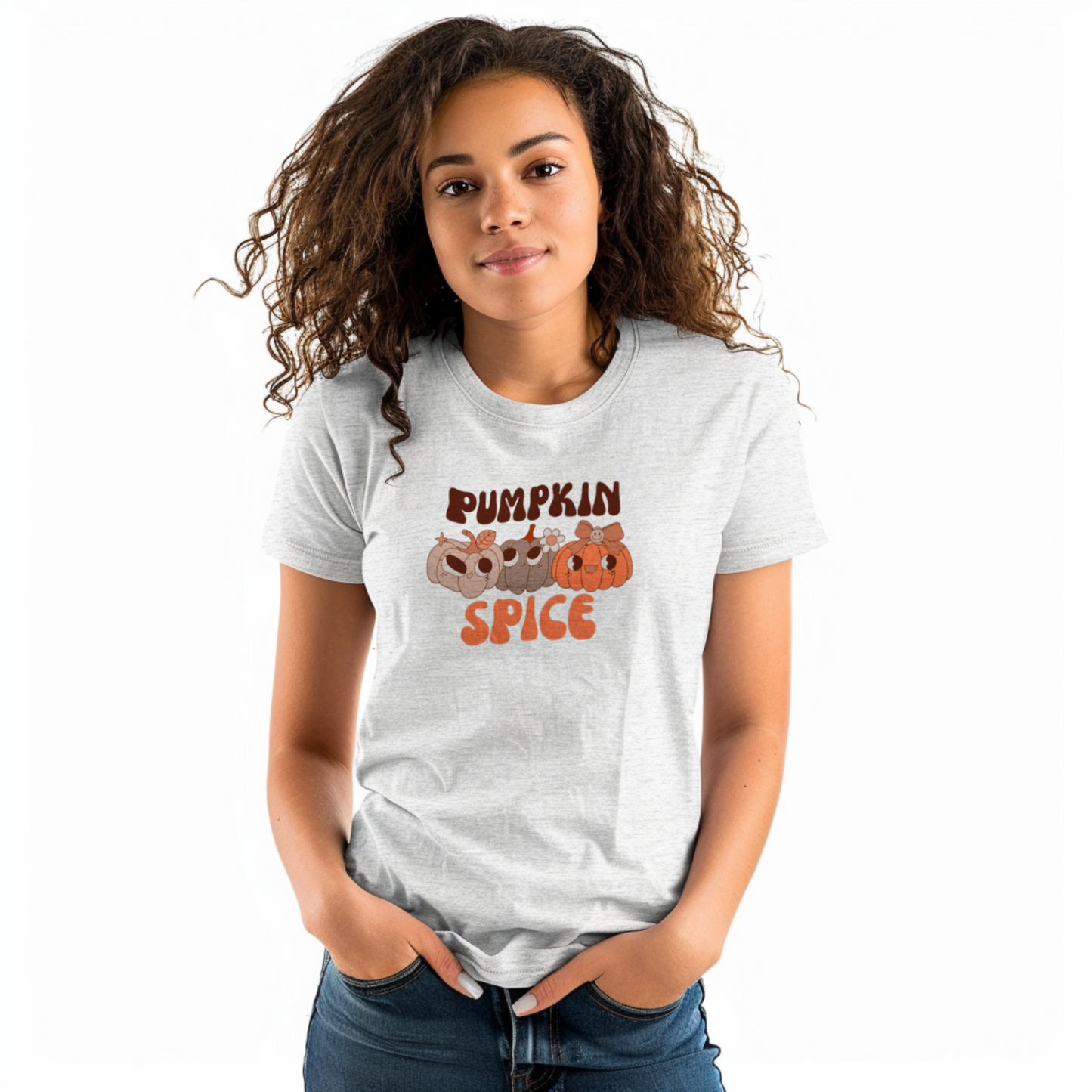 Person wearing a white t-shirt with 'Pumpkin Spice' text and graphics on a white background