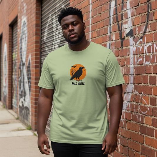 Man wearing a light green t-shirt with a graphic design in front of a brick wall.