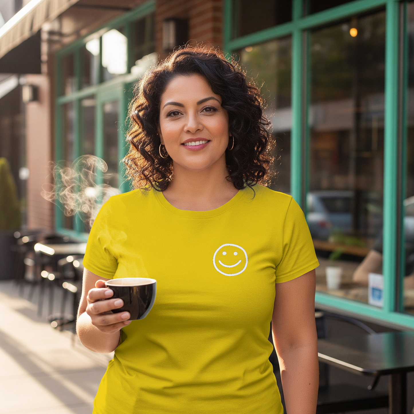 Woman in a yellow t-shirt with a smiley face design, holding a steaming cup outdoors.