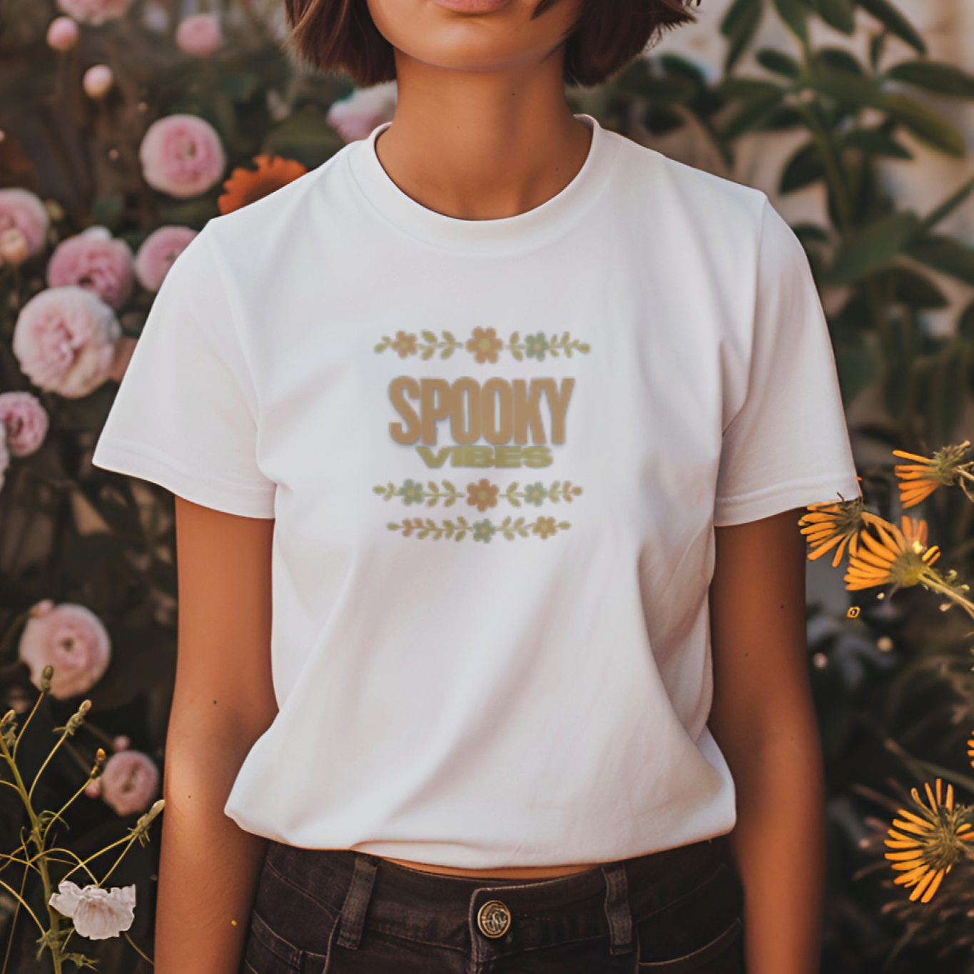 Person wearing a white t-shirt with 'Spooky' text in a floral design, standing in front of flowers.