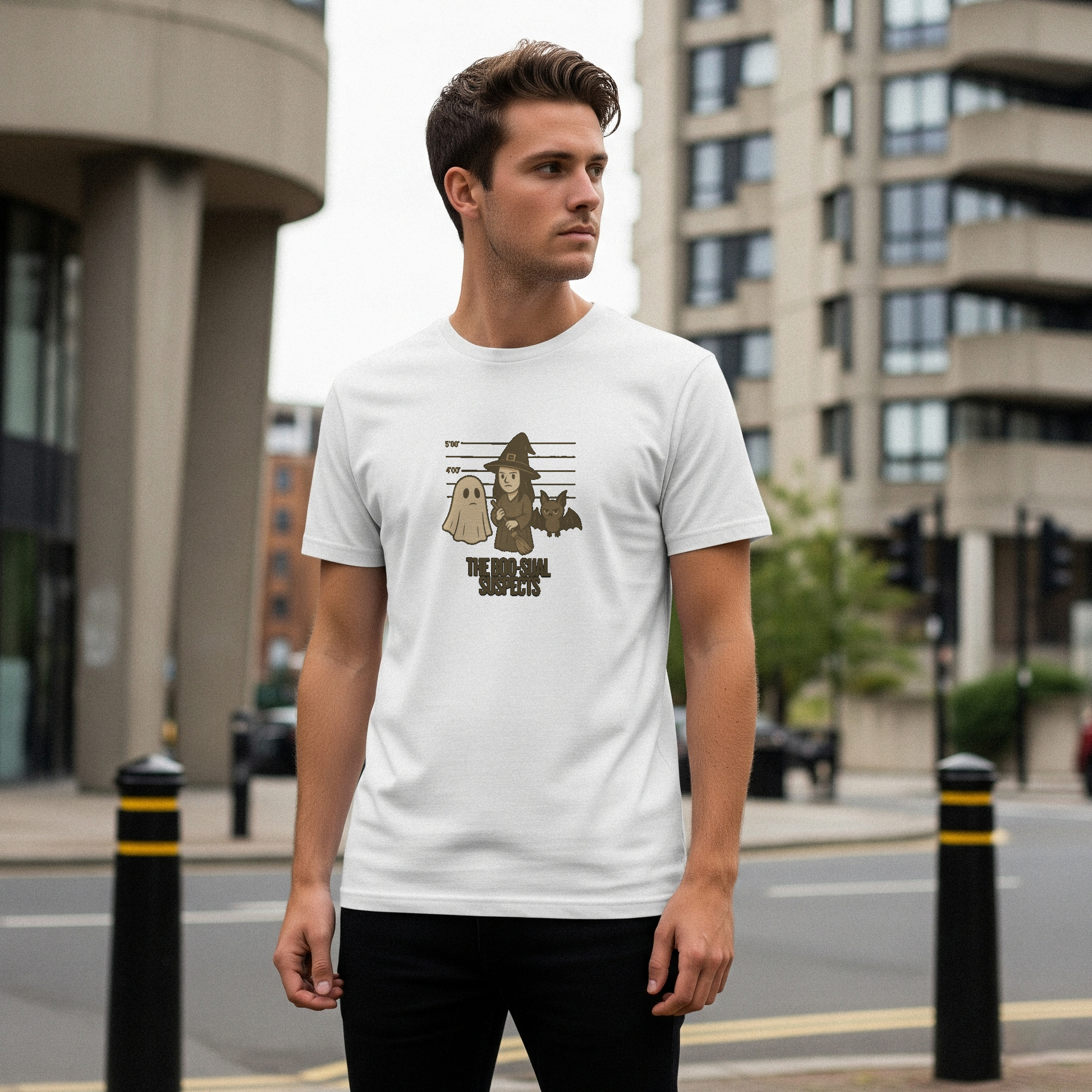 Man wearing a white t-shirt with a graphic design on a city street