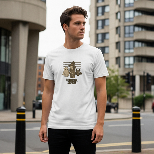 Man wearing a white t-shirt with a graphic design on a city street