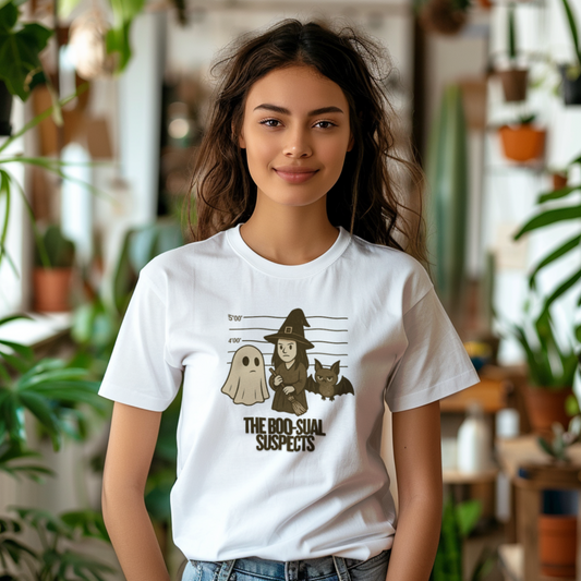 Woman wearing a white t-shirt with a graphic design of a ghost, witch, and cat, with text 'The Boo-sual Suspects', in an indoor setting with plants.