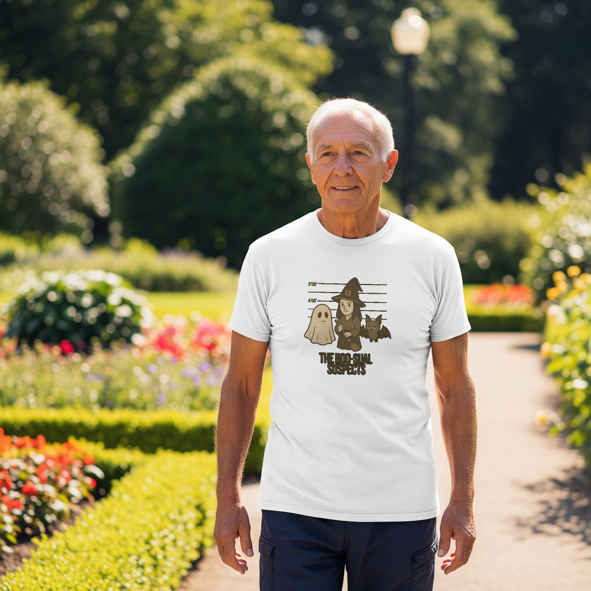 Man wearing a white t-shirt with a graphic design in a park setting