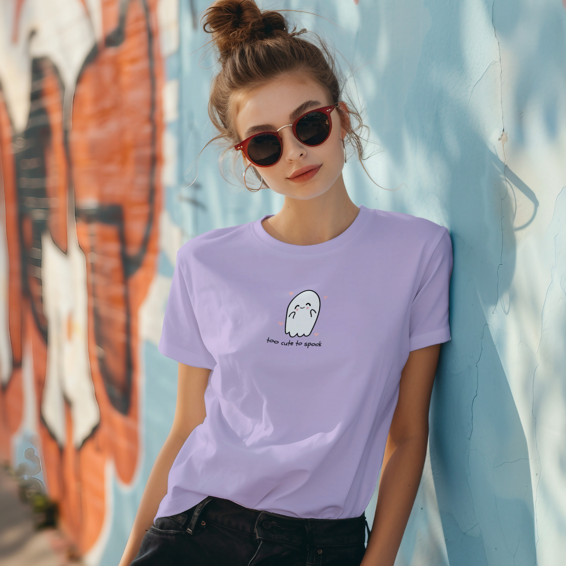 Woman wearing a purple t-shirt with a ghost graphic and sunglasses, standing against a colorful mural.