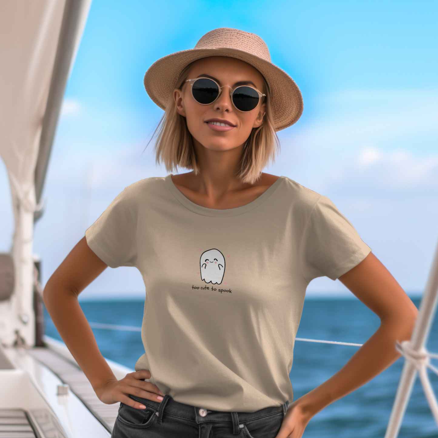Woman on a boat wearing a beige t-shirt with a logo, sunglasses, and a hat.