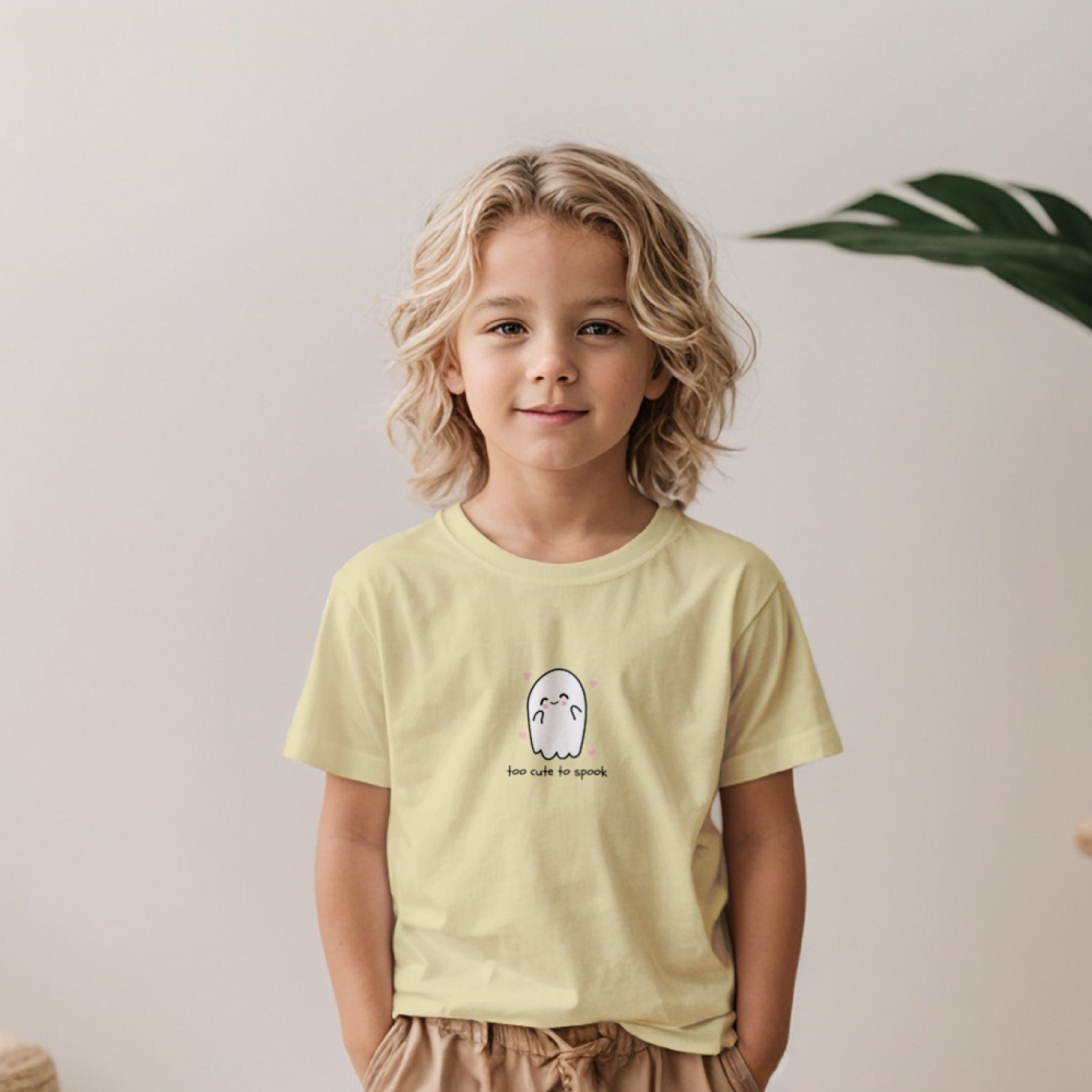 Child wearing a light yellow t-shirt with a graphic design, standing indoors.