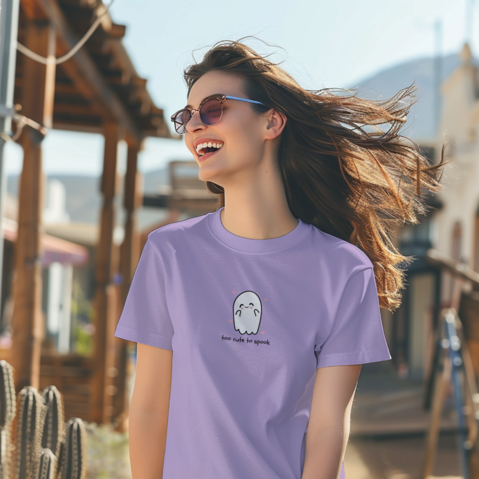 Woman wearing a purple t-shirt with a graphic design outdoors.