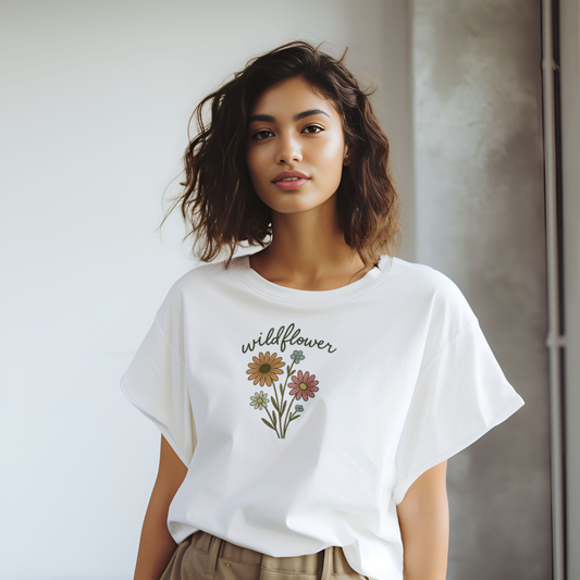 Woman wearing a white t-shirt with 'wildflower' design against a plain background