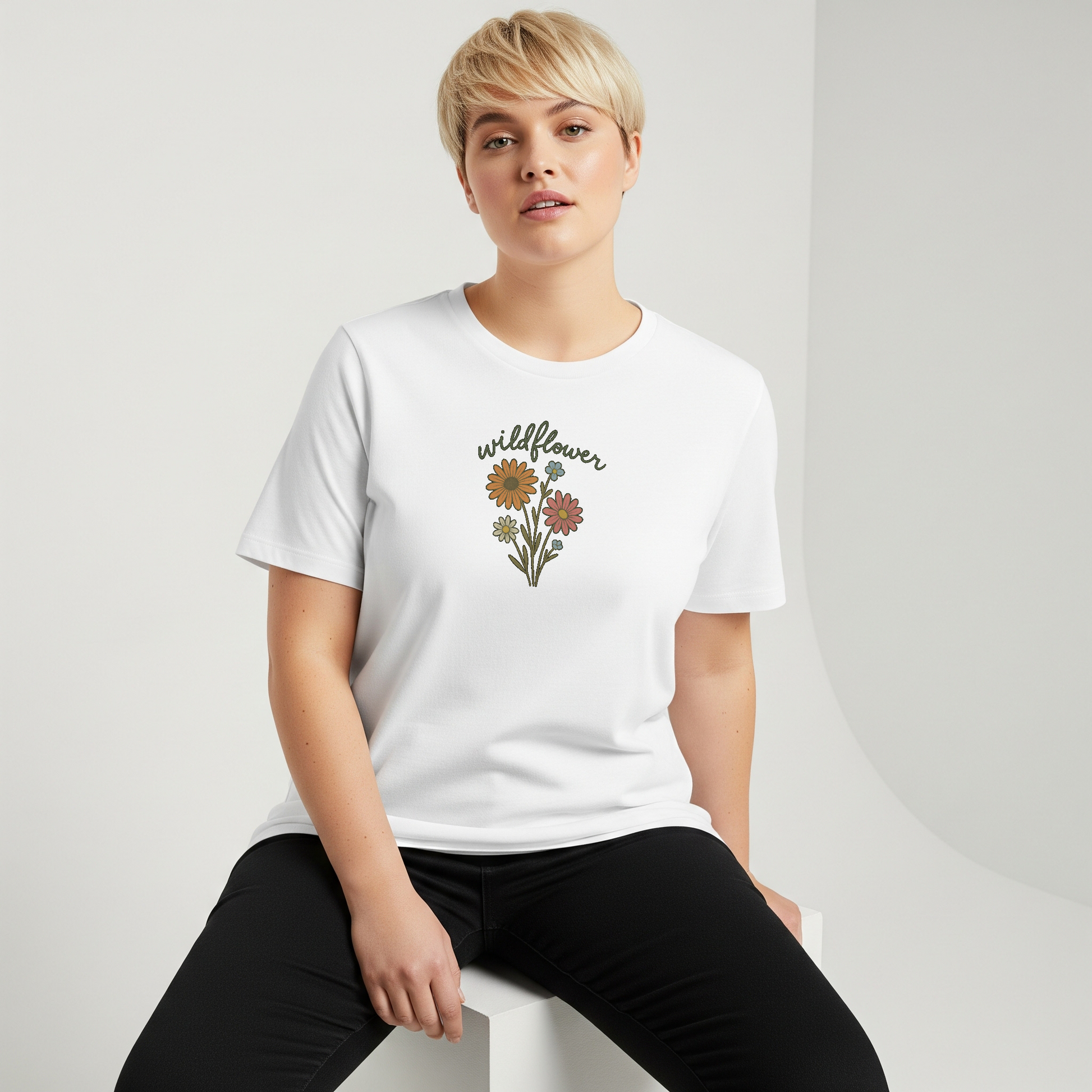 Person wearing a white t-shirt with 'wildflower' design on a plain background